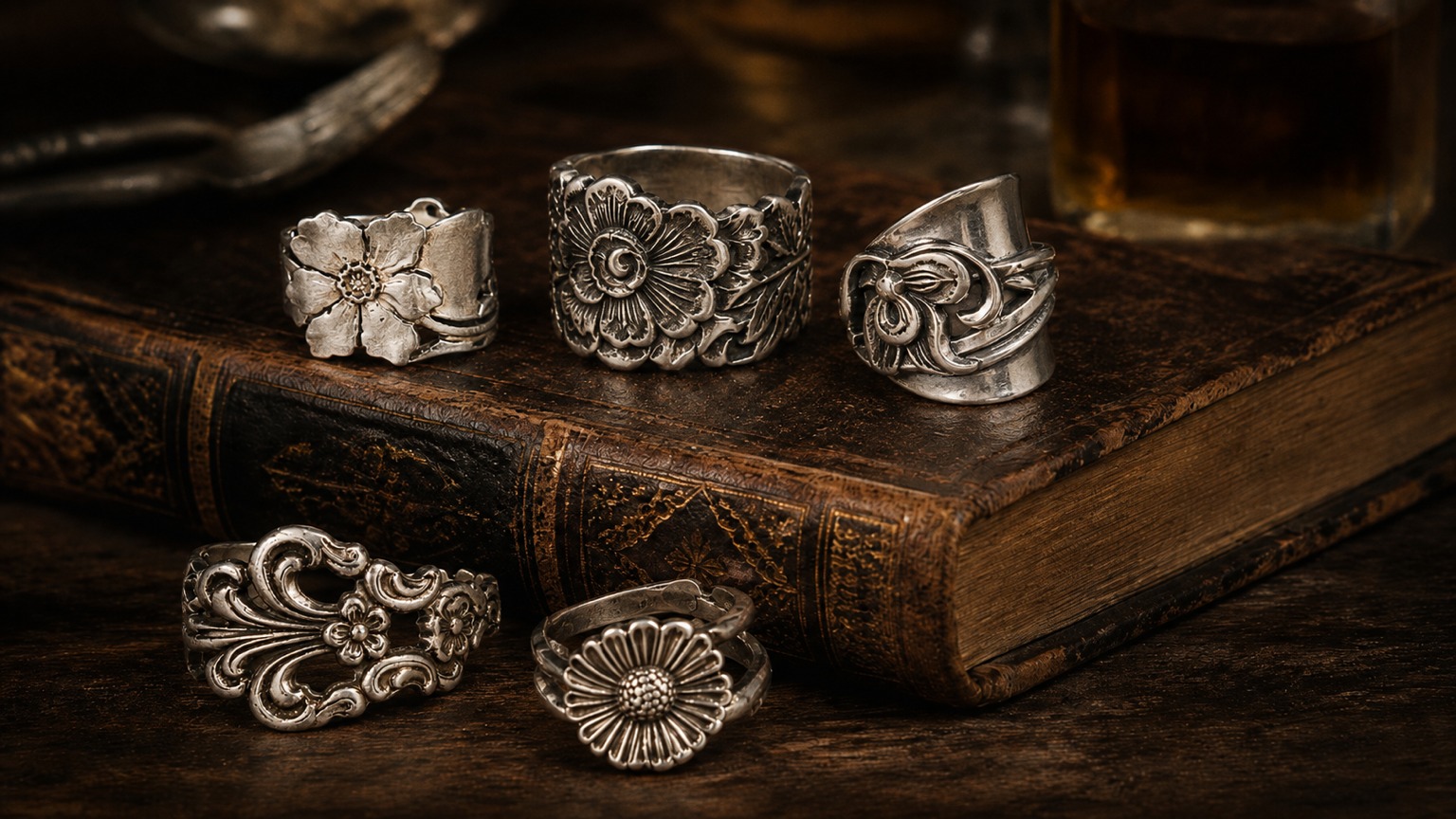 Ornate silver spoon rings and a cutlery bracelet resting on an antique leather book
