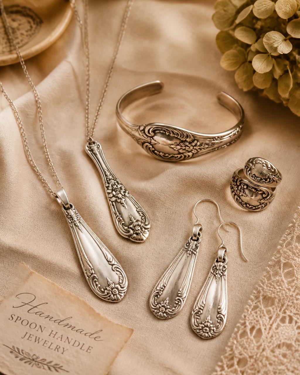 Finished handmade spoon-handle jewelry laid out on cream linen