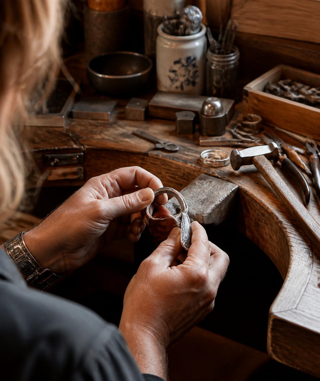 A jeweller shaping a silver spoon into a ring at a wooden workbench